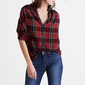 Madewell Central Tartan Plaid Button Top Womens Flannel Wool Red - Size L
